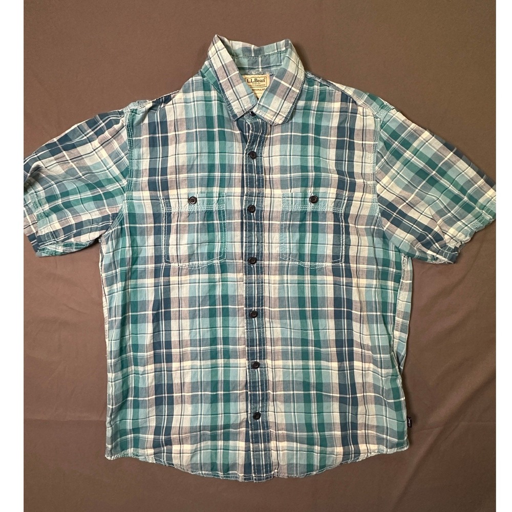 LL Bean Mens Plaid Short Sleeve Button Down Shirt Teal Blue Linen Blend Size- S